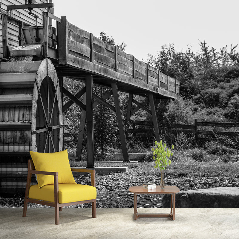 Photography Country Mural Wallpaper with Water Mill  Painting for Decoration