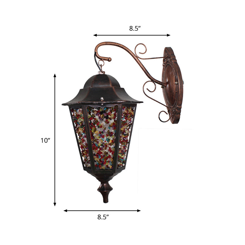 Lantern Restaurant Wall Sconce Lamp Antique Metal 1 Light Red/Yellow/Green Wall Lighting Fixture with Glass Decoration