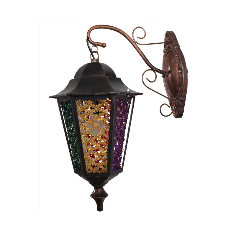 Lantern Restaurant Wall Sconce Lamp Antique Metal 1 Light Red/Yellow/Green Wall Lighting Fixture with Glass Decoration