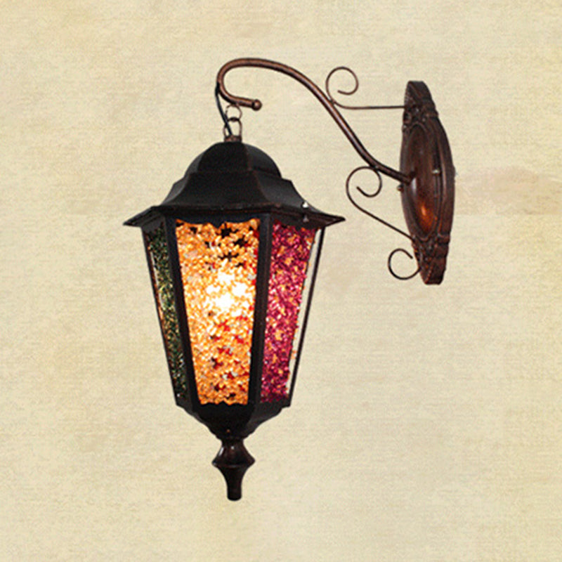 Lantern Restaurant Wall Sconce Lamp Antique Metal 1 Light Red/Yellow/Green Wall Lighting Fixture with Glass Decoration