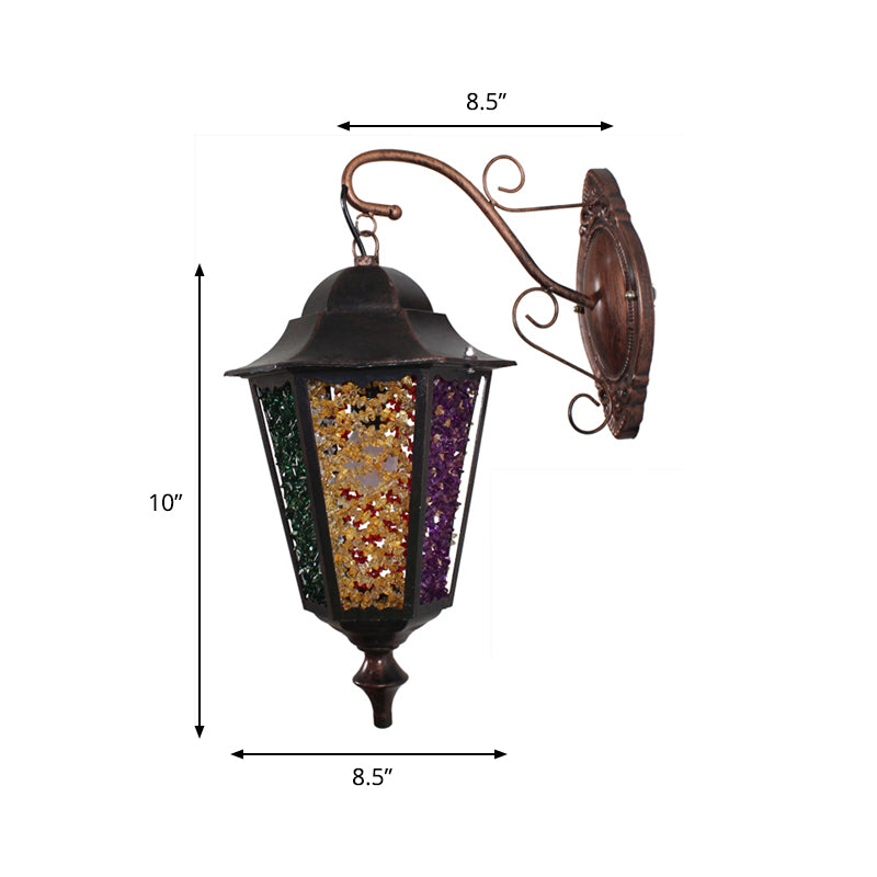 Lantern Restaurant Wall Sconce Lamp Antique Metal 1 Light Red/Yellow/Green Wall Lighting Fixture with Glass Decoration