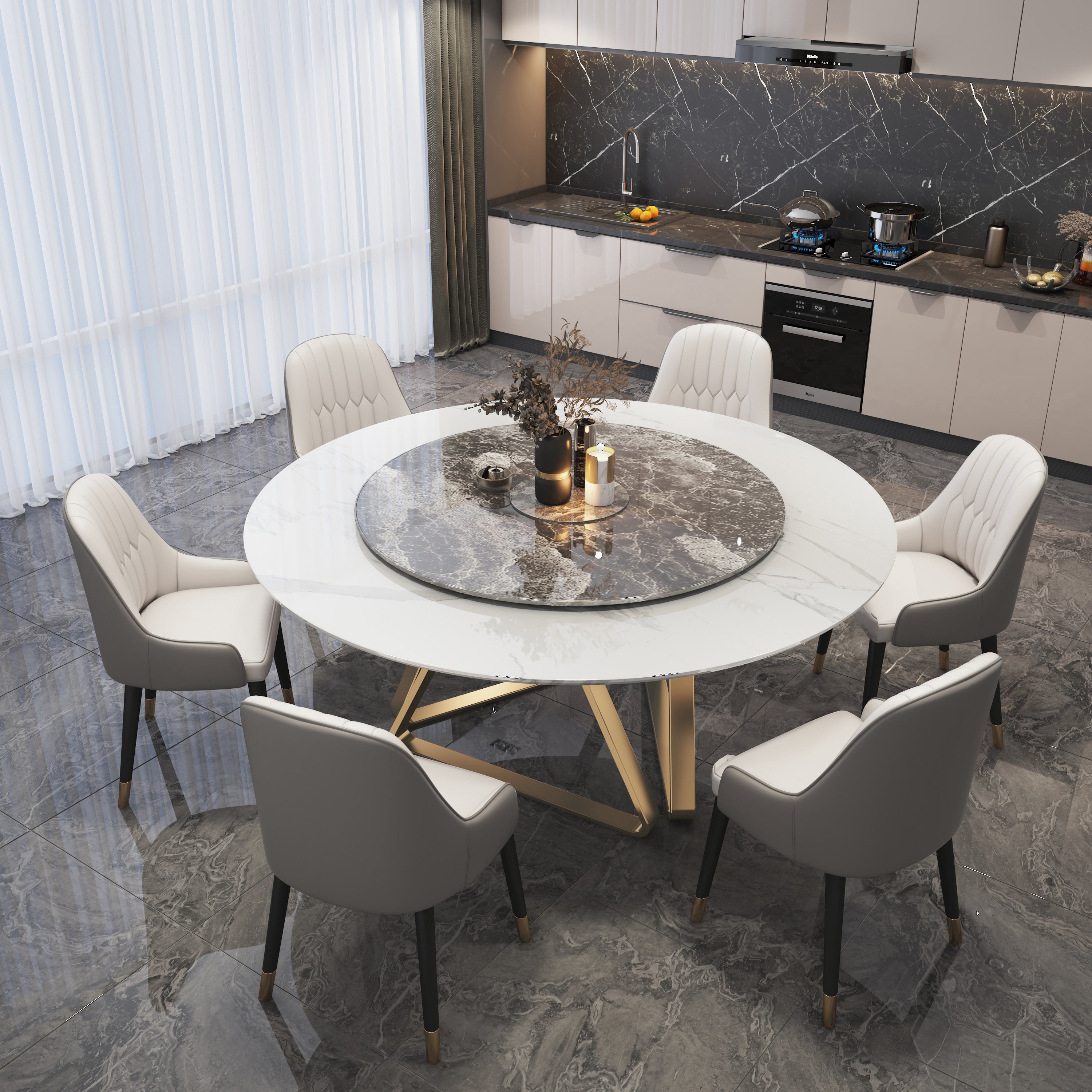 Glam Sintered Stone Top Standard Dining Table Round Shape Dining Table for Kitchen