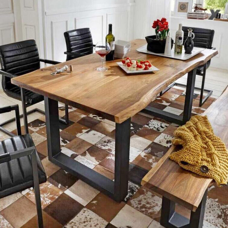 Metal Industrial Rectangle Dining Table Solid Wood Top Table with Sled Base