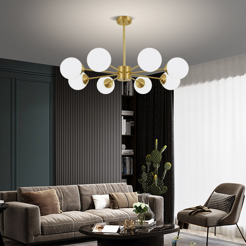 Gold Chandelier Lighting Fixtures Designer Style Multi-Head Suspension Light with White Glass Shade