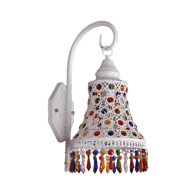 Bell Metal Wall Sconce Light Decorative 1 Bulb Corridor Wall Mount Lighting in White with Dangling Crystal