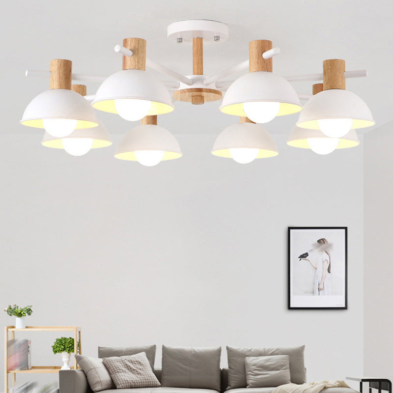 Metallic Bowl Shade Ceiling Light Macaron Style 8-Light Wood Lighting Fixture for Bedroom