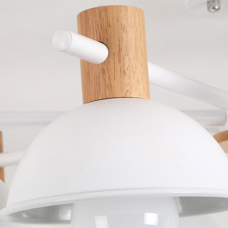 Metallic Bowl Shade Ceiling Light Macaron Style 8-Light Wood Lighting Fixture for Bedroom