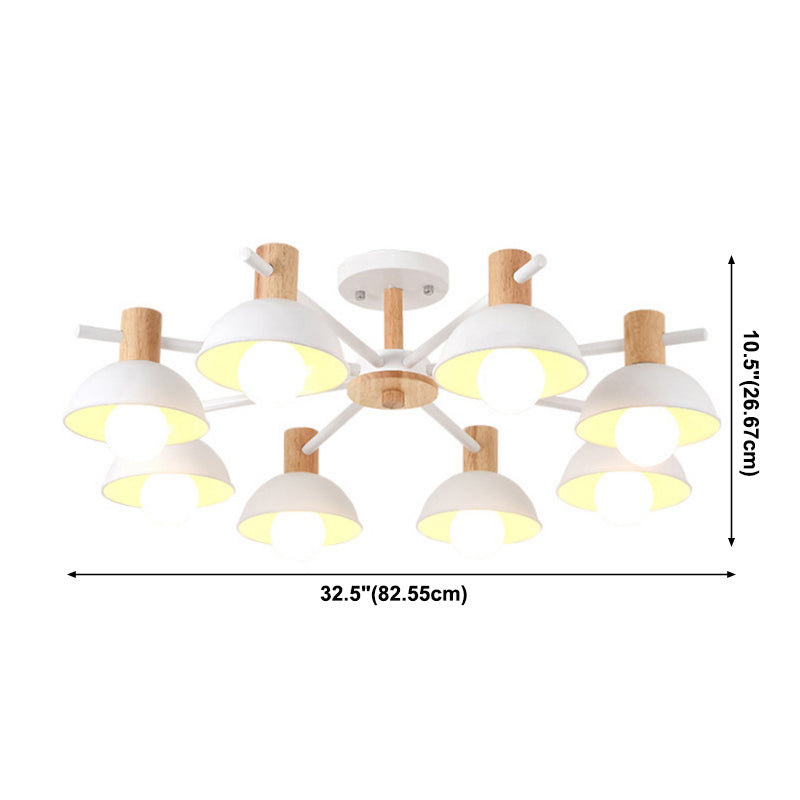 Metallic Bowl Shade Ceiling Light Macaron Style 8-Light Wood Lighting Fixture for Bedroom