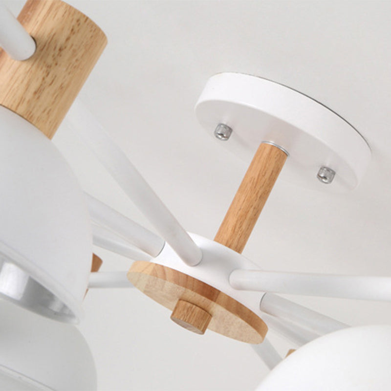 Metallic Bowl Shade Ceiling Light Macaron Style 8-Light Wood Lighting Fixture for Bedroom