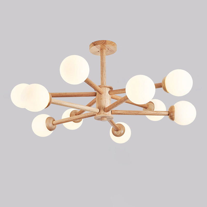 Wood Chandelier Nordic Style Pendant Lamp with White Glass Shade for Living Room