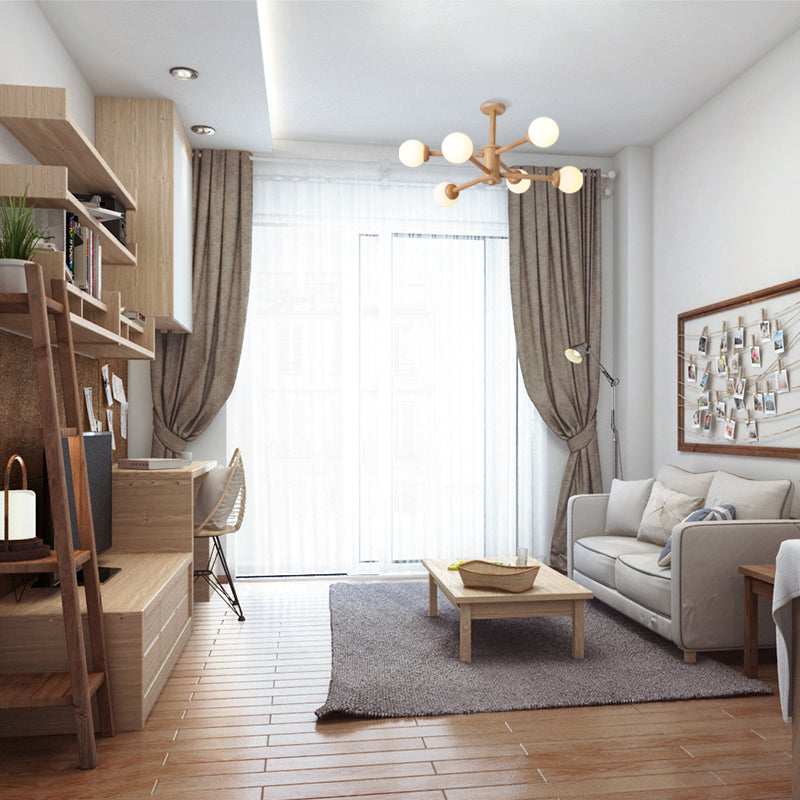 Wood Chandelier Nordic Style Pendant Lamp with White Glass Shade for Living Room