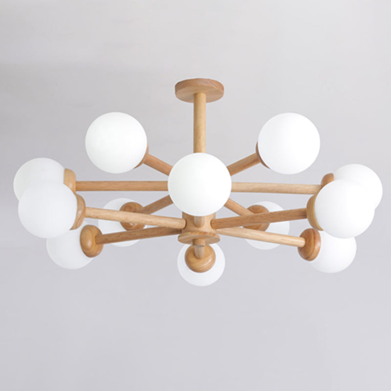 Wood Chandelier Nordic Style Pendant Lamp with White Glass Shade for Living Room