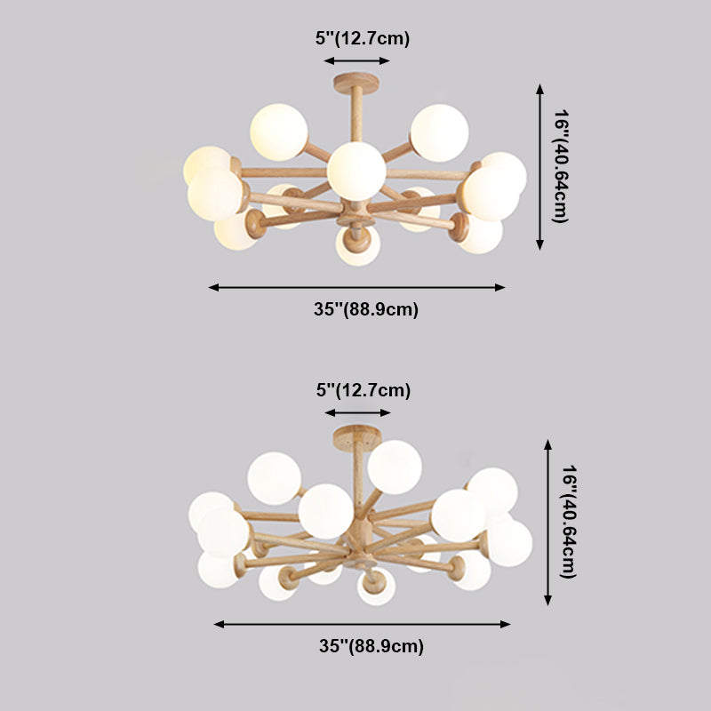 Wood Chandelier Nordic Style Pendant Lamp with White Glass Shade for Living Room