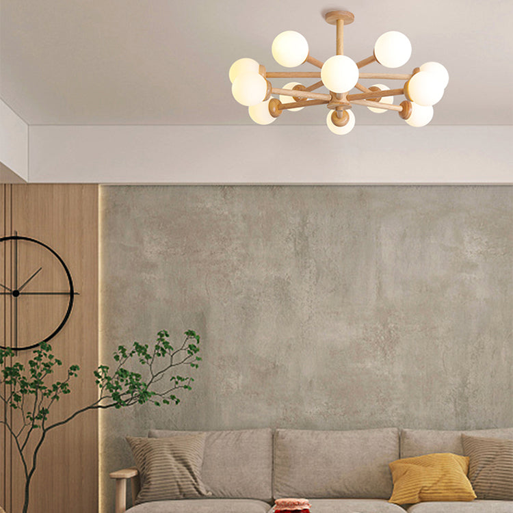 Wood Chandelier Nordic Style Pendant Lamp with White Glass Shade for Living Room