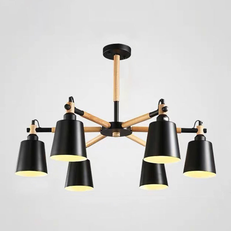 Cone Shade Metal Hanging Lamp Macaron Style Wood Chandelier for Living Room