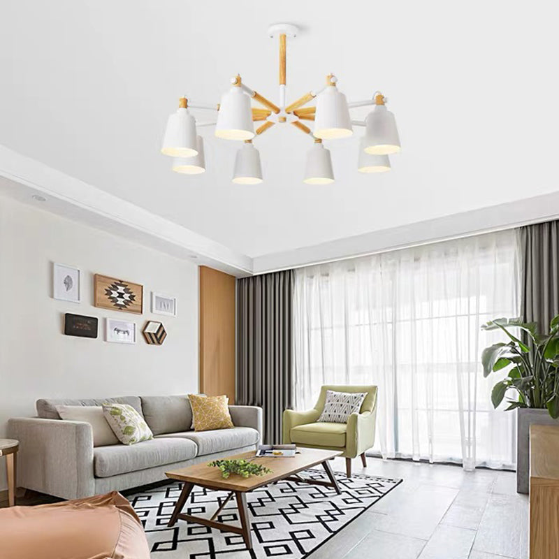 Cone Shade Metal Hanging Lamp Macaron Style Wood Chandelier for Living Room