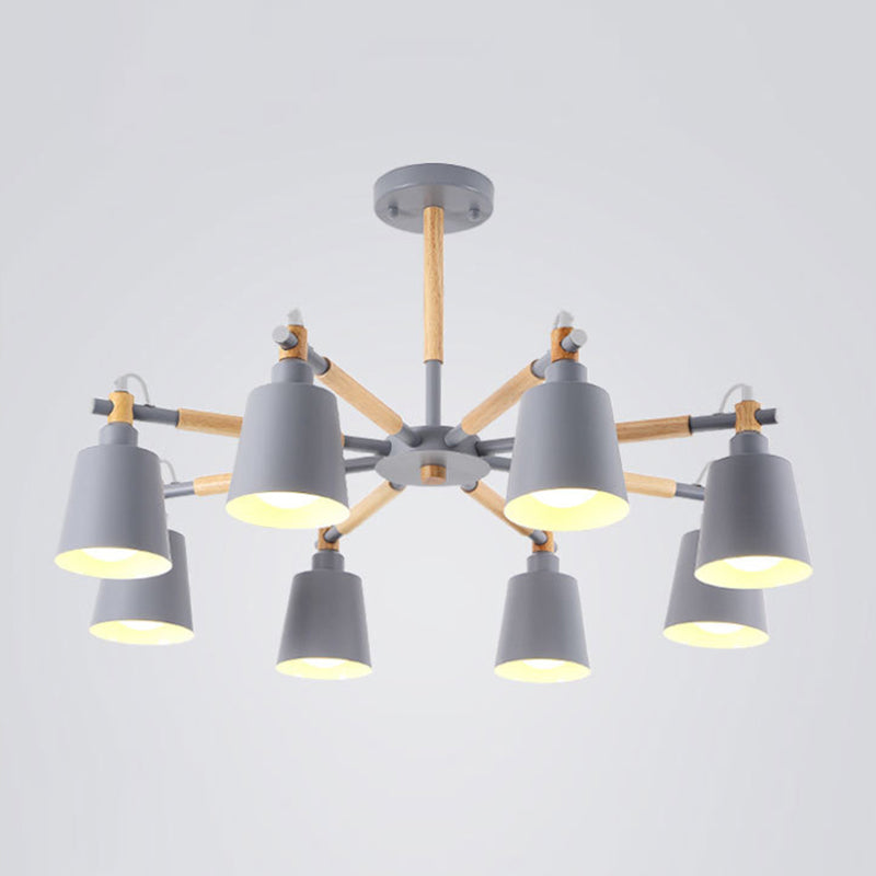 Cone Shade Metal Hanging Lamp Macaron Style Wood Chandelier for Living Room