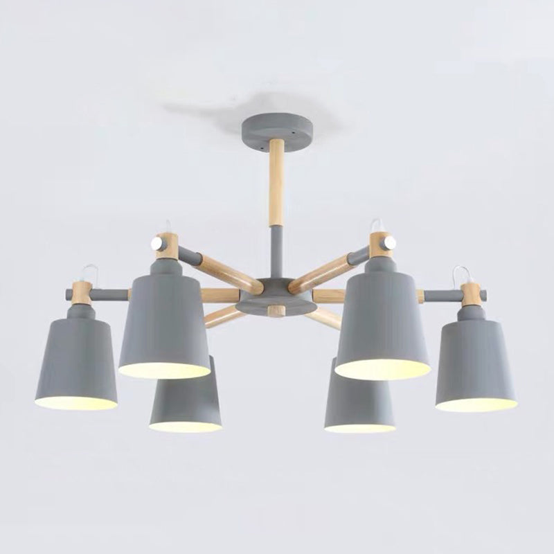 Cone Shade Metal Hanging Lamp Macaron Style Wood Chandelier for Living Room