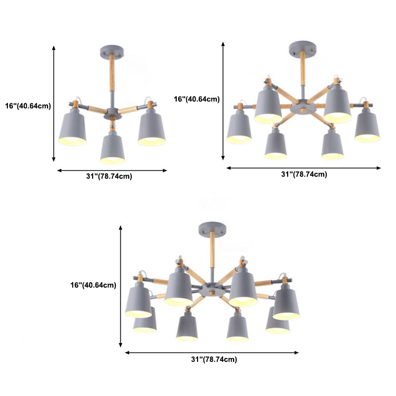 Cone Shade Metal Hanging Lamp Macaron Style Wood Chandelier for Living Room