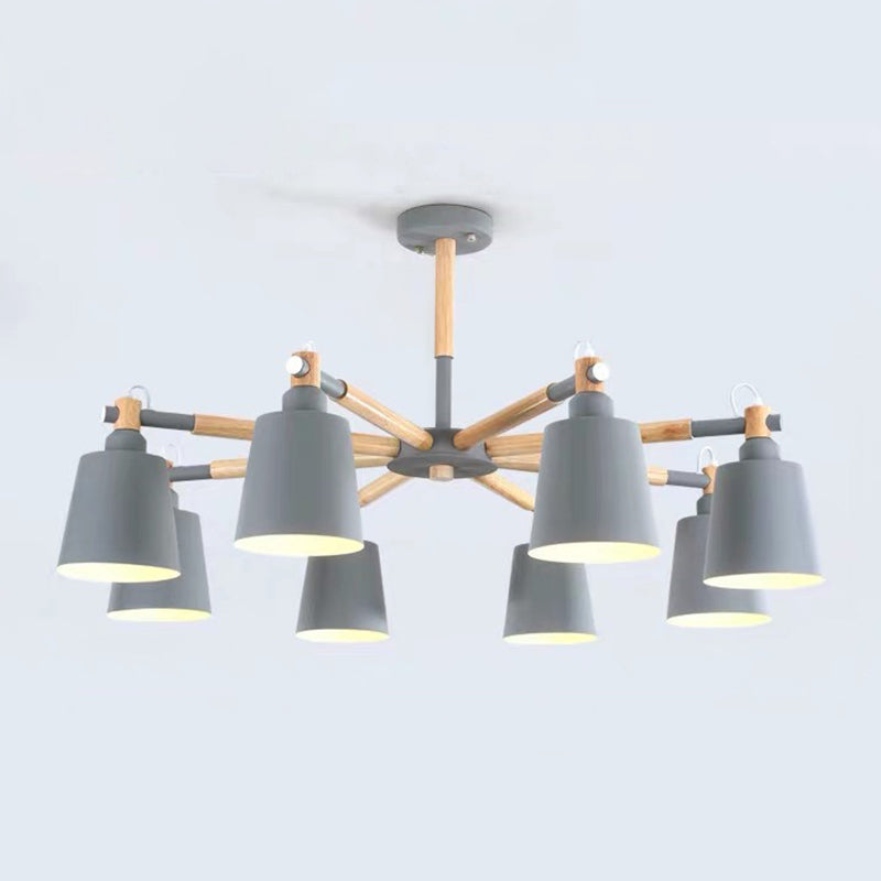 Cone Shade Metal Hanging Lamp Macaron Style Wood Chandelier for Living Room