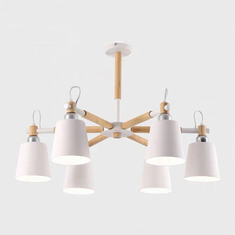 Cone Shade Metal Hanging Lamp Macaron Style Wood Chandelier for Living Room