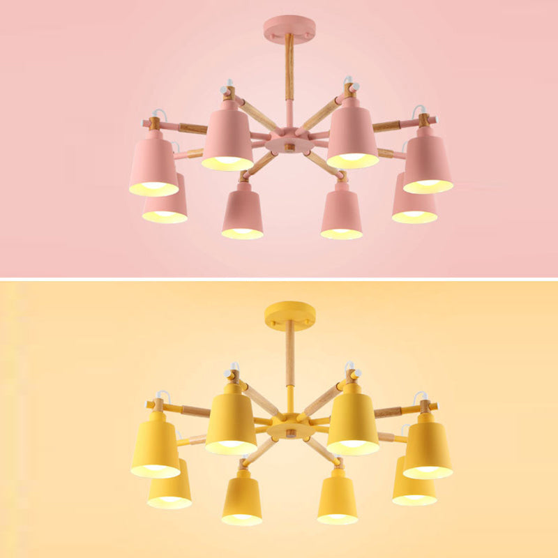 Cone Shade Metal Hanging Lamp Macaron Style Wood Chandelier for Living Room