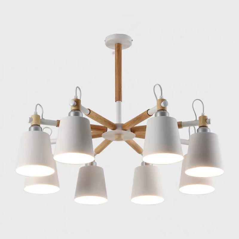 Cone Shade Metal Hanging Lamp Macaron Style Wood Chandelier for Living Room