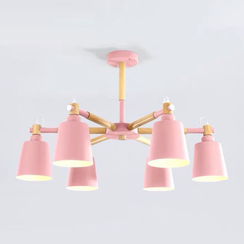 Cone Shade Metal Hanging Lamp Macaron Style Wood Chandelier for Living Room