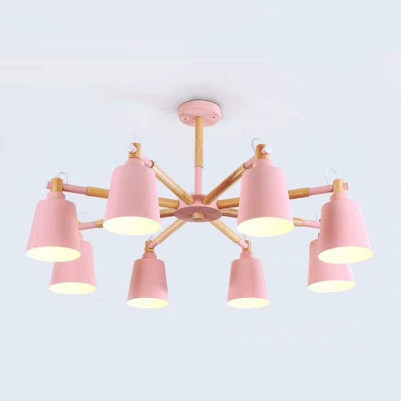 Cone Shade Metal Hanging Lamp Macaron Style Wood Chandelier for Living Room