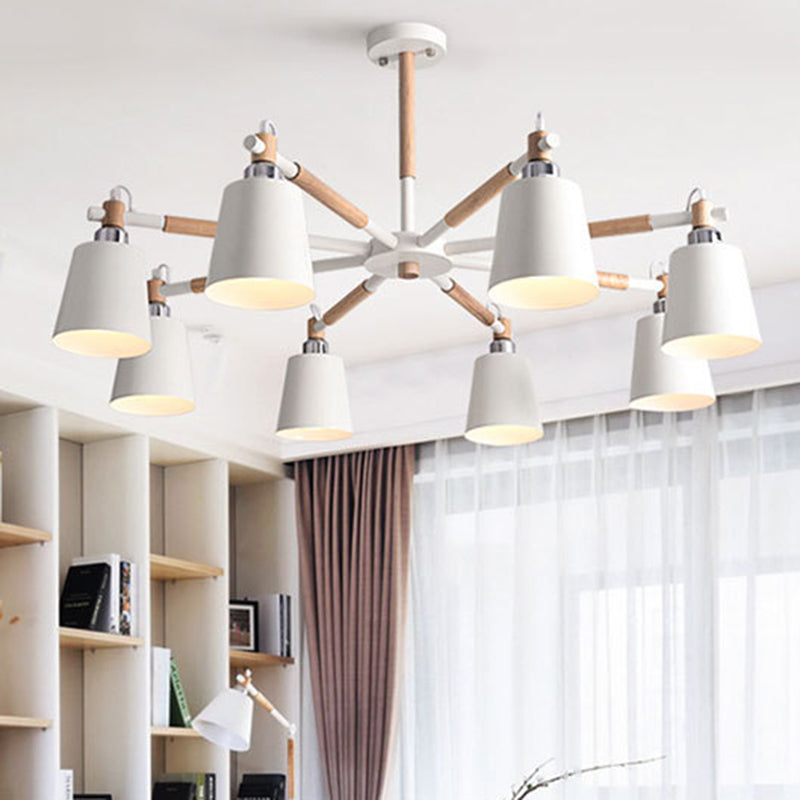 Cone Shade Metal Hanging Lamp Macaron Style Wood Chandelier for Living Room