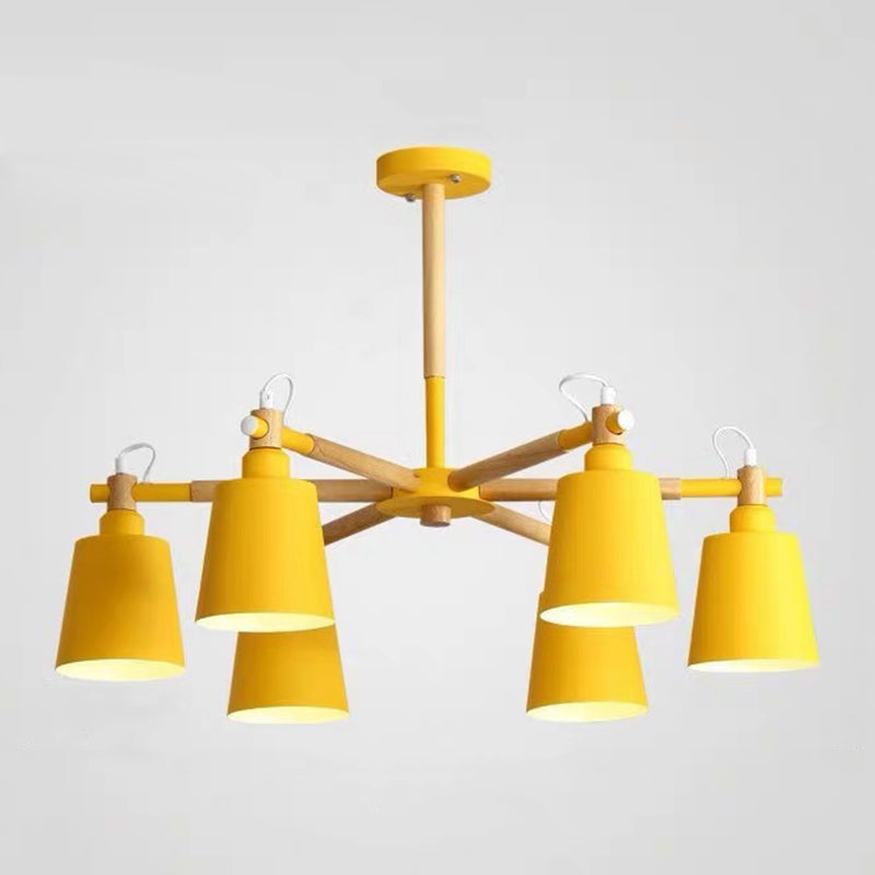 Cone Shade Metal Hanging Lamp Macaron Style Wood Chandelier for Living Room