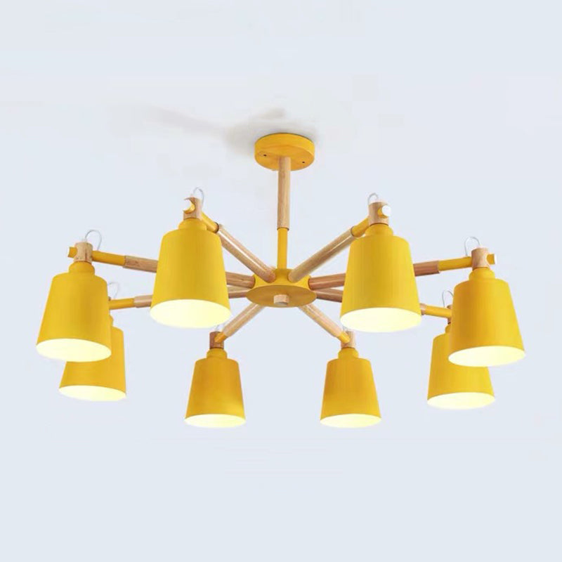 Cone Shade Metal Hanging Lamp Macaron Style Wood Chandelier for Living Room