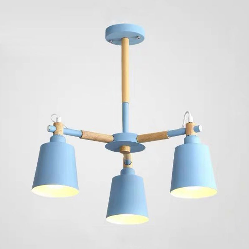 Cone Shade Metal Hanging Lamp Macaron Style Wood Chandelier for Living Room