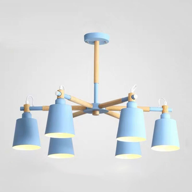 Cone Shade Metal Hanging Lamp Macaron Style Wood Chandelier for Living Room