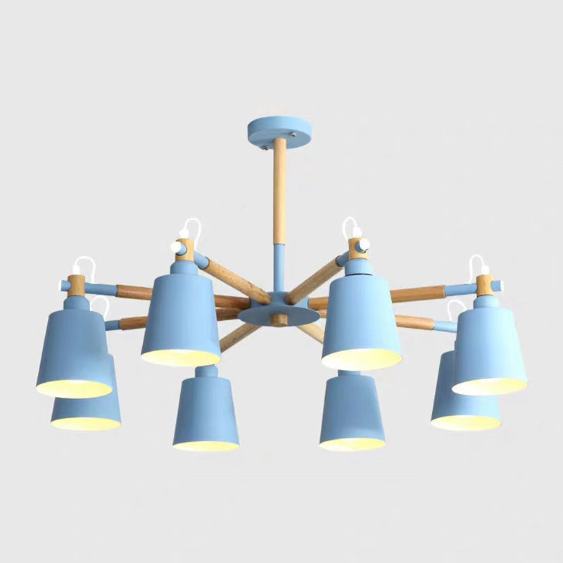 Cone Shade Metal Hanging Lamp Macaron Style Wood Chandelier for Living Room