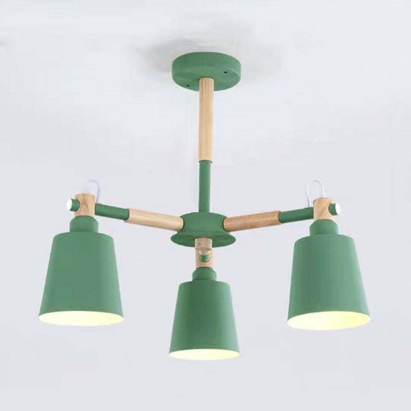 Cone Shade Metal Hanging Lamp Macaron Style Wood Chandelier for Living Room