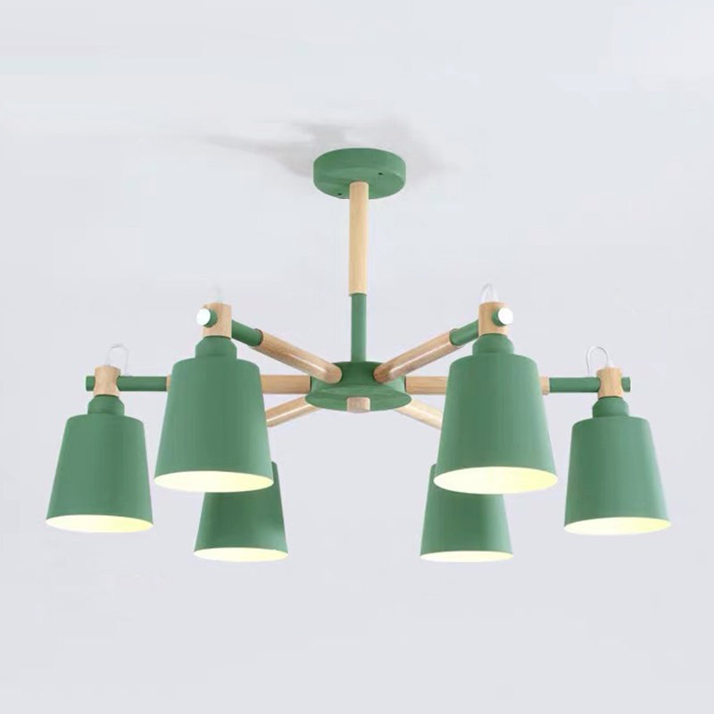 Cone Shade Metal Hanging Lamp Macaron Style Wood Chandelier for Living Room