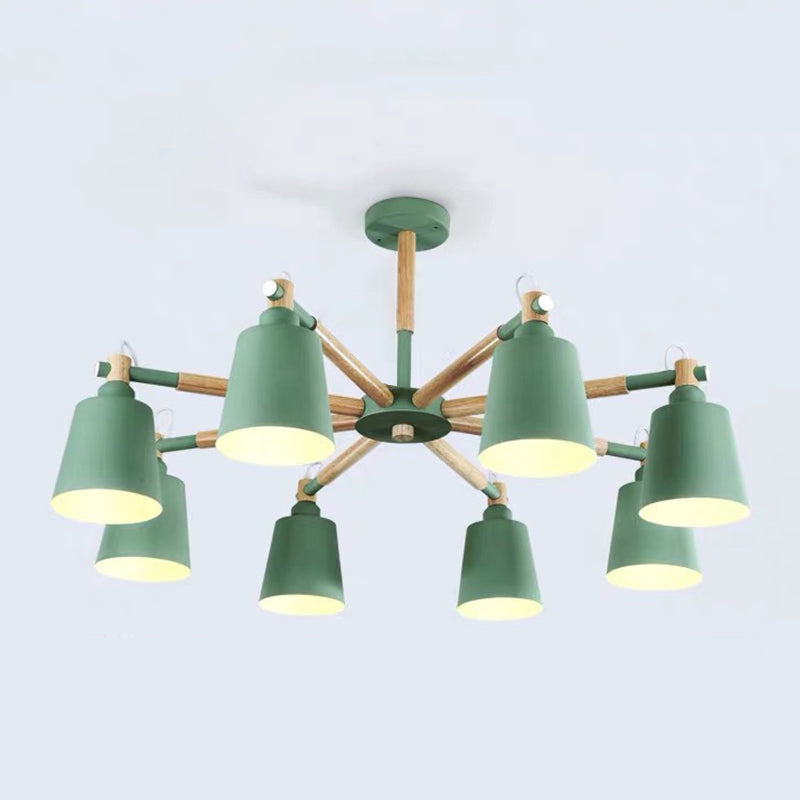 Cone Shade Metal Hanging Lamp Macaron Style Wood Chandelier for Living Room