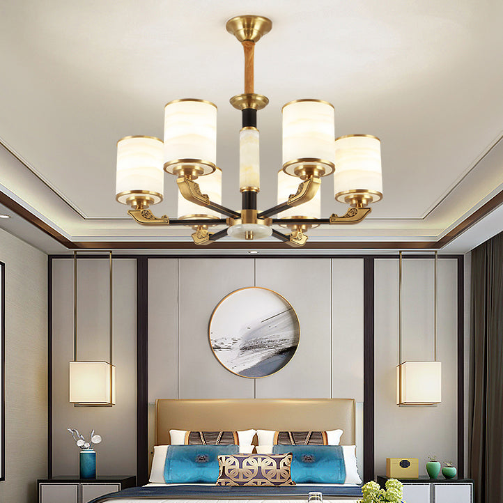 Contemporary Cylindrical Hanging Pendant Light Copper Ceiling Chandelier with Glass Shade