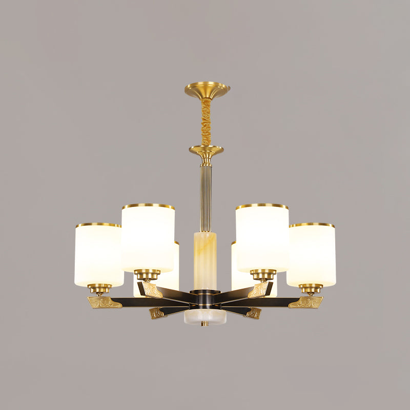 Contemporary Cylindrical Hanging Pendant Light Copper Ceiling Chandelier with Glass Shade