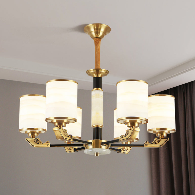 Contemporary Cylindrical Hanging Pendant Light Copper Ceiling Chandelier with Glass Shade