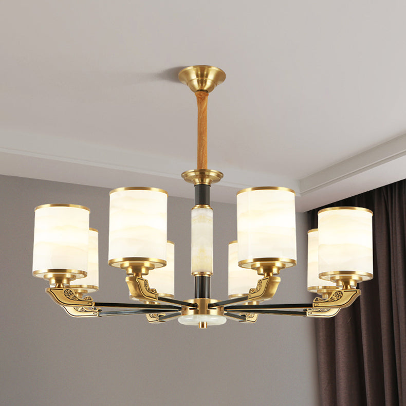 Contemporary Cylindrical Hanging Pendant Light Copper Ceiling Chandelier with Glass Shade