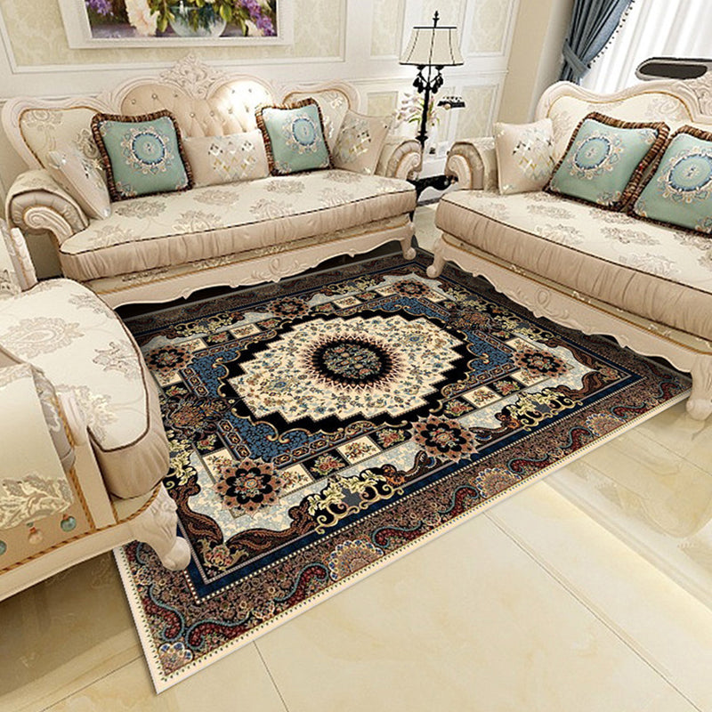 Moroccan Polyester Rug Retro Medallion Print Carpet Stain Resistant Area Carpet for Home Decor