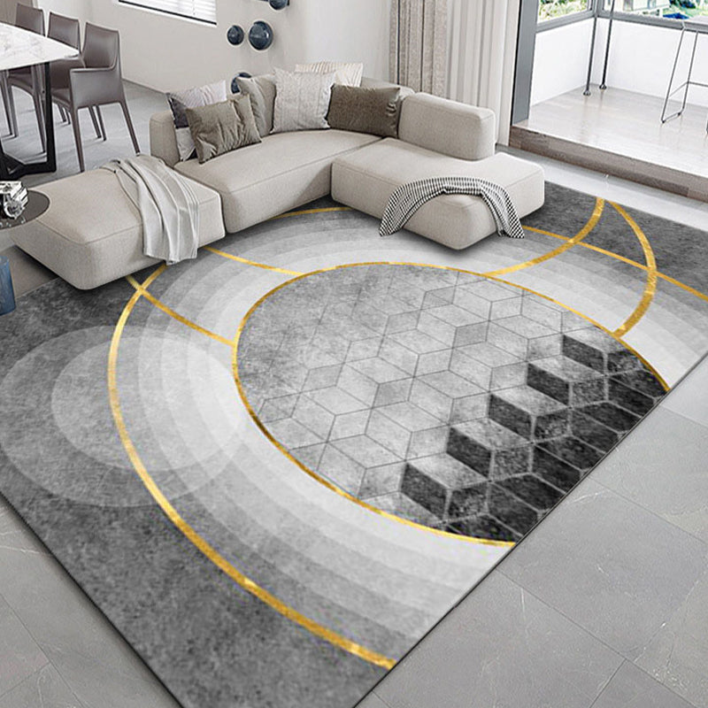 Grey Living Room Area Carpet Modern Geometric Print Area Rug Stain Resistant Area Rug