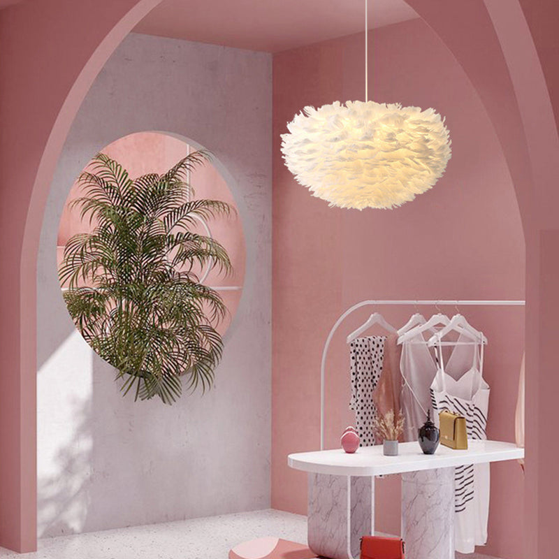 Feather White Hanging Lamp in Modern Style Round Shaped Indoor Pendant Light