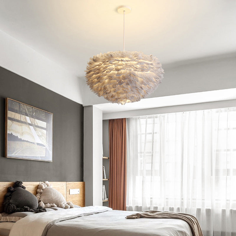 Feather White Hanging Lamp in Modern Style Round Shaped Indoor Pendant Light