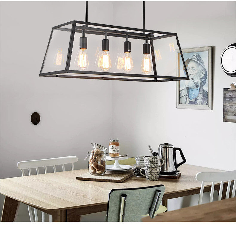 Glass Linear Island Light 4-Bulbs Industrial Dinning Room Pendant Lamp in Black