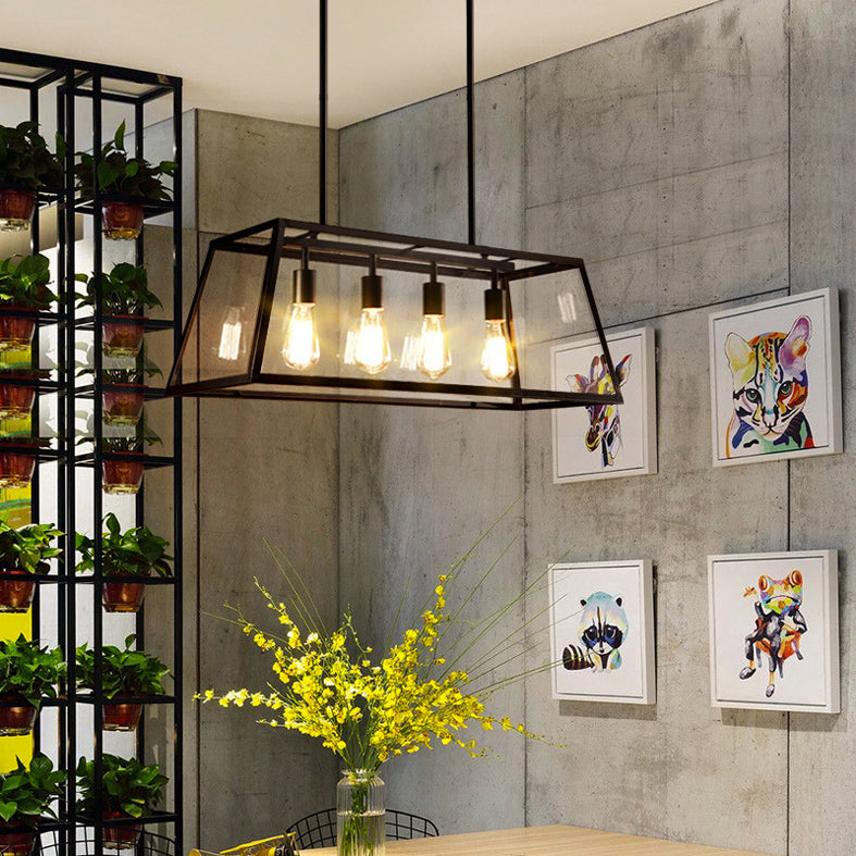 Glass Linear Island Light 4-Bulbs Industrial Dinning Room Pendant Lamp in Black