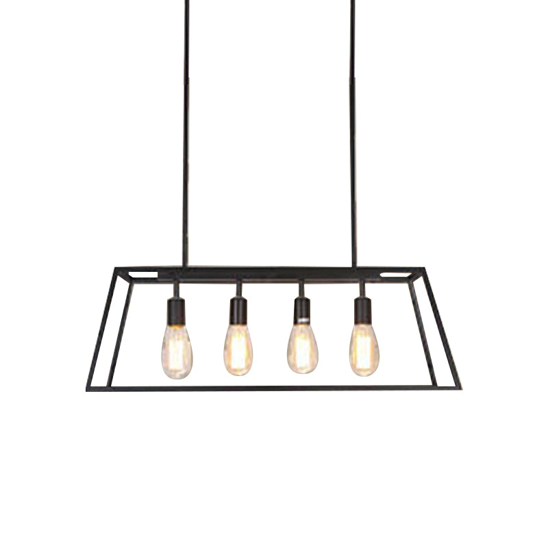 Glass Linear Island Light 4-Bulbs Industrial Dinning Room Pendant Lamp in Black