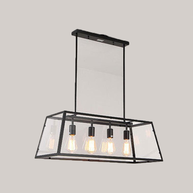 Glass Linear Island Light 4-Bulbs Industrial Dinning Room Pendant Lamp in Black